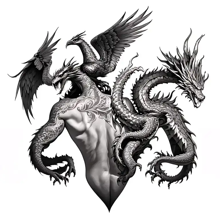 Back Piece With 2 Dragons And A Phoenix On Top Carrying A Fallen Angel