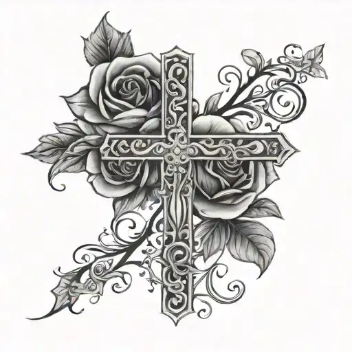 Passion Cross Held By Vine Going Into Roses Intertwinded And Blooming