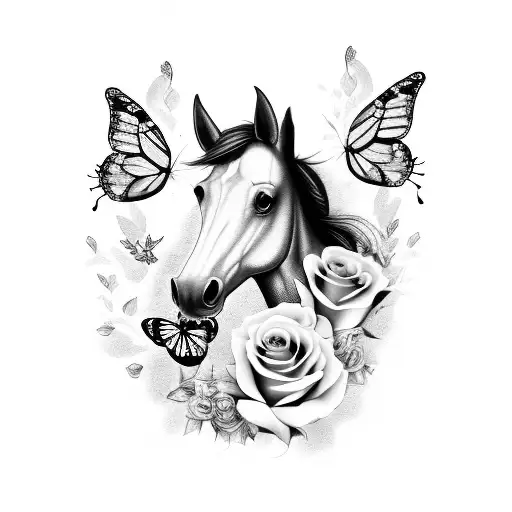 Horse With Butterflies And Roses