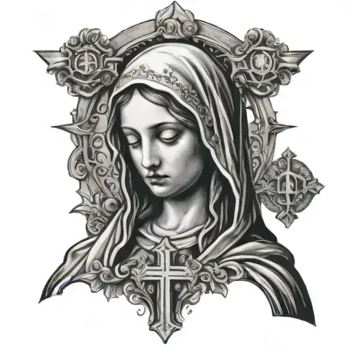 Virgin Mary Praying Surrounded By 3 Crosses