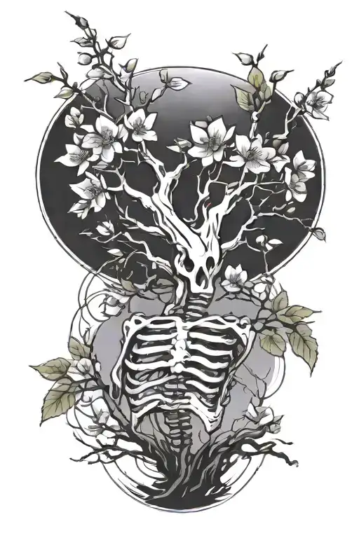 Cherry Blossom Tree Connecting To Skeleton Arms Touching Fingers
