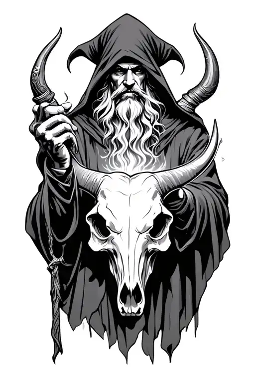 Dark Hooded Wizard Casting A Spell Wearing A Bulls Skull