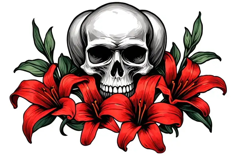 4 Small Skulls Intertwined With 3 Red Lilies For The Inner Arm