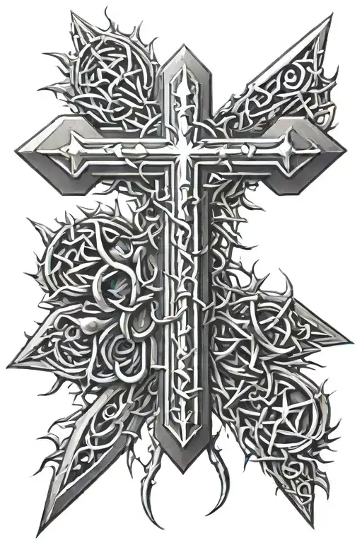 Three Nails In The Shape Of A Cross With Thorns Wrapped Around It And Sun Beams In The Back Ground