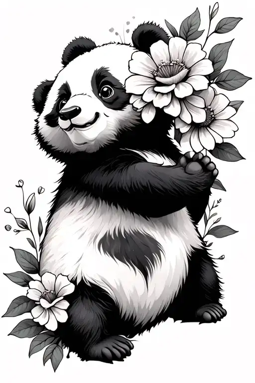 Cute Panda With Flowers Surrounding