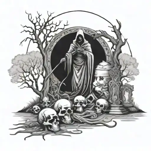 Multiple Grave Yard With Trees And A Grim Reaper On Stomach Gothic