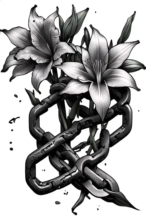 Multiple Cracked And Broken Chains With Amaryllis Flowers Intertwined Into The Broken Parts