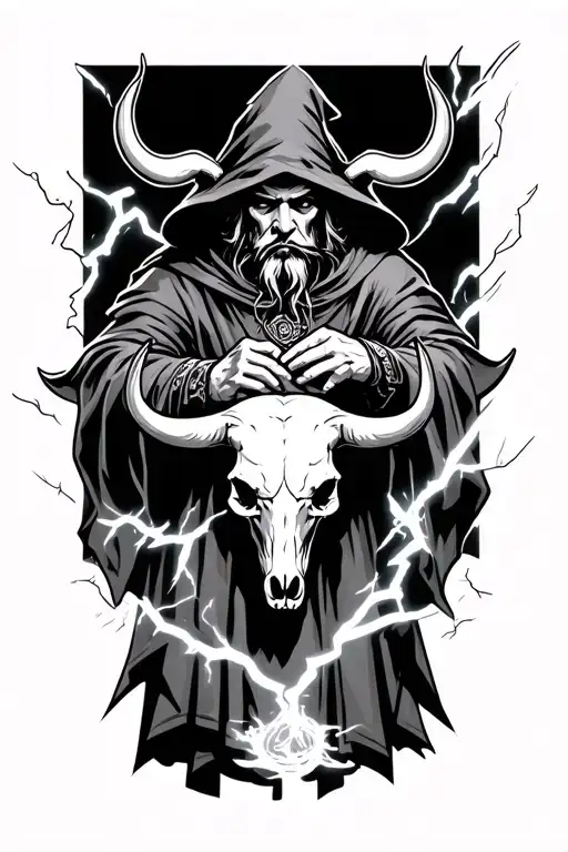 Dark Hooded Wizard Casting A Spell Wearing A Bulls Skull Casting Lightning
