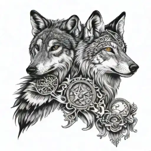 A Detailed Portrait Of A Wolf And An Owl With Travel Symbols Integrated Into The Design