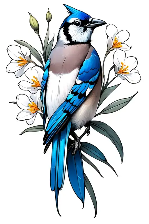 Black And White Blue Jay On Freesia Flowers