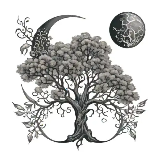 Crescent Moon Connected To Tree Of Life With Coral Coiled Around