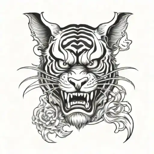 Half Tiger Face Half Hannya Face With Closed Mouth Both