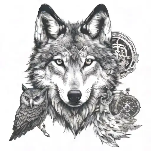 A Detailed Portrait Of A Wolf And An Owl With Travel Symbols Integrated Into The Design