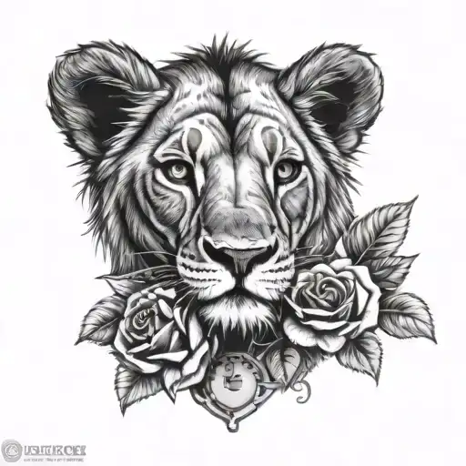 Baby Lion Head With Time Clock And Roses Surrounding
