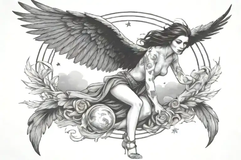 Woman With Raven Head And Wings Flying Surrounded By Clouds Stars And Sun