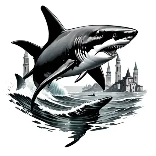 Hammerhead And Mako Shark Swimming Around Some Waves With Some Iconic Tenerife Landmarks In It