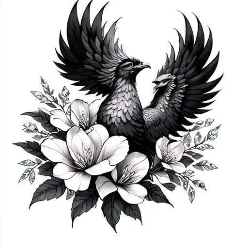 A Beautiful Phoenix In A Bouquet Of Magnolias And Diamonds Linework