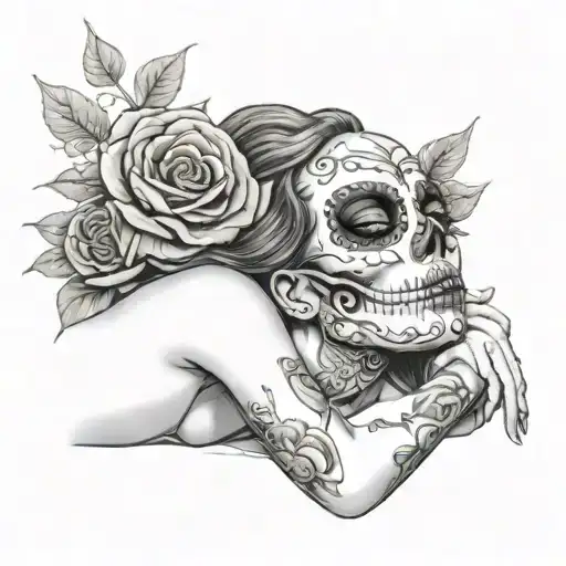 Woman With Sugar Skull Mask Laying Down On Back On Top Of Bed Of Roses Intertwined