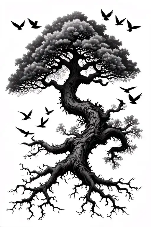 Poison Tree With Roots And Multiple Birds Flying Up Bicep