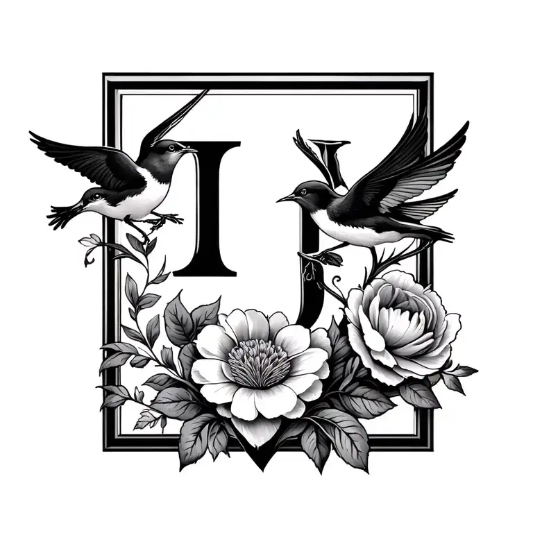 Letter A And Letter J Heart With Swallows Without Flower