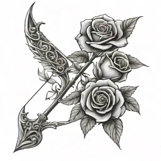 A Bow With An Arrow Pulled Back With Roses And Vines Through It