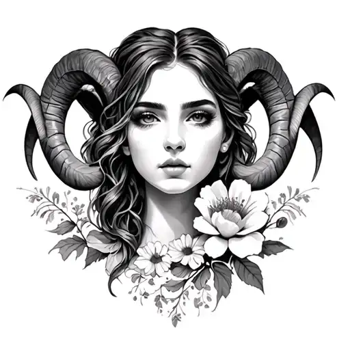 Woman's Face Aries And Flowers Blooming