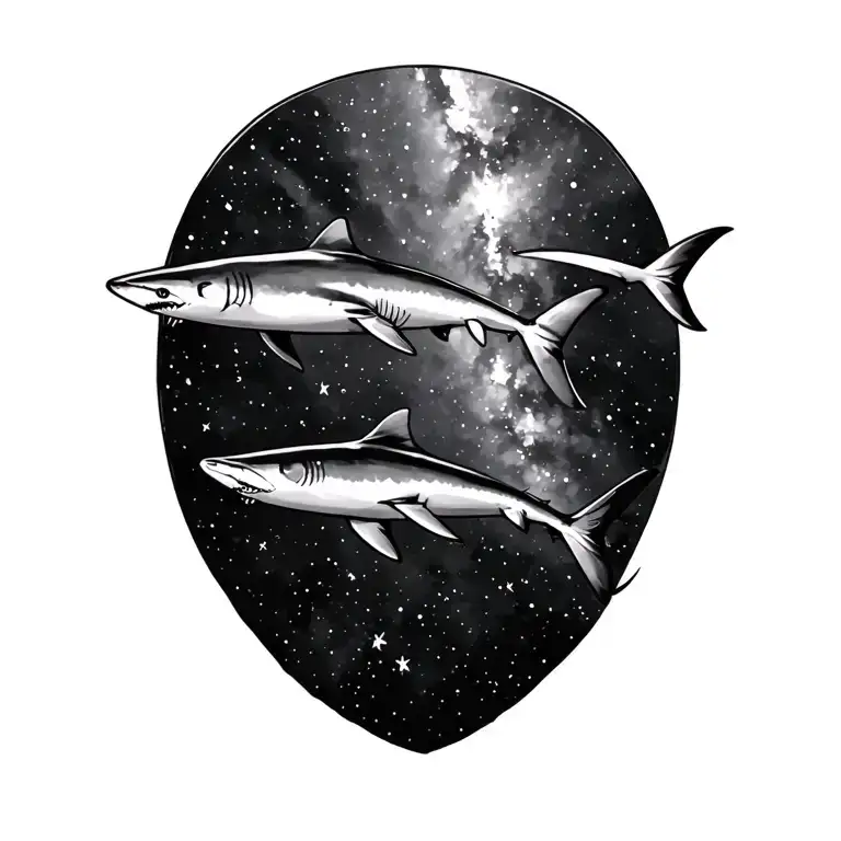 Stars Milkyway Whimsical Collarbone Tatto With 2 Small Sharks Swimming Through