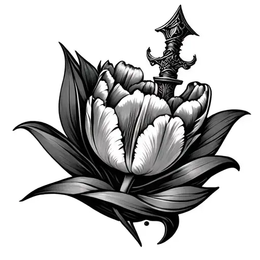 Dagger Tattoo With Tulip Flower Wrapped Around It