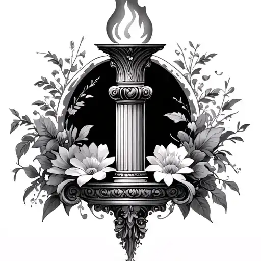 Column With A Flame On Top And Some Subtle Floral Arrangement Near The Base
