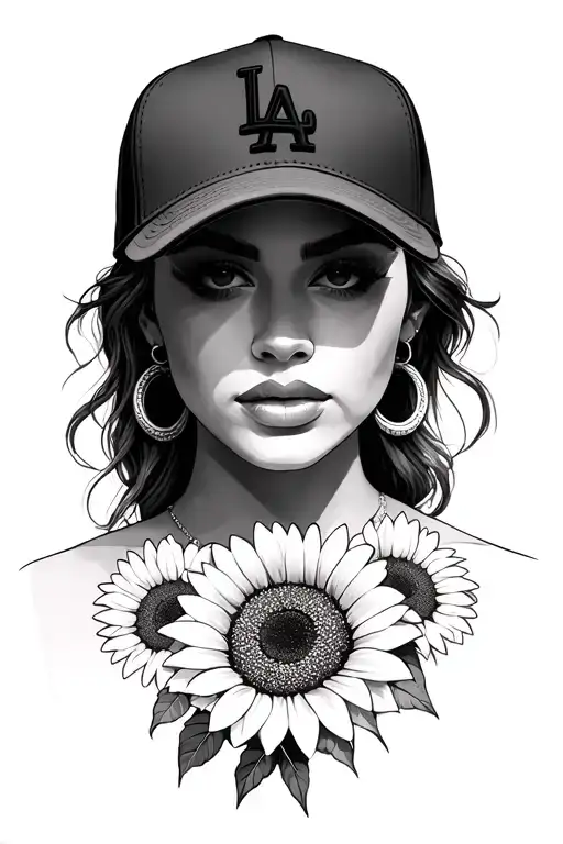 Woman Wearing La Cap And Hoop Earings With Sunflowers For Backdrop