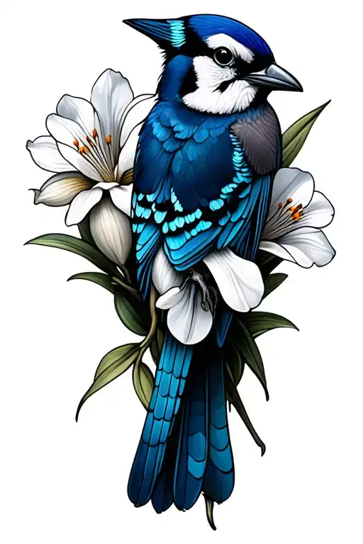 Black And White Blue Jay On Freesia Flowers