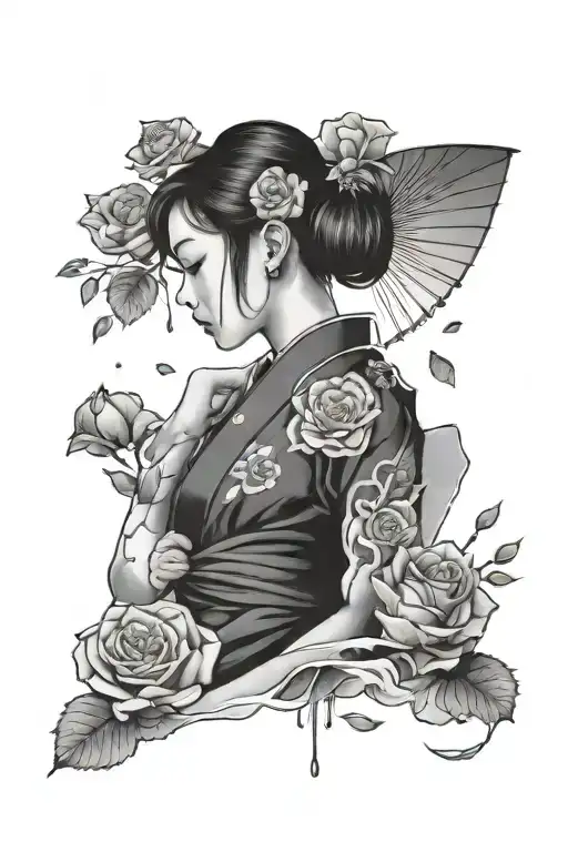 Japan Girl With Fan And Rose Petals Falling