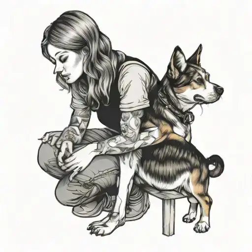 Continous Line Girl Holding Beagle And Cat Sitting