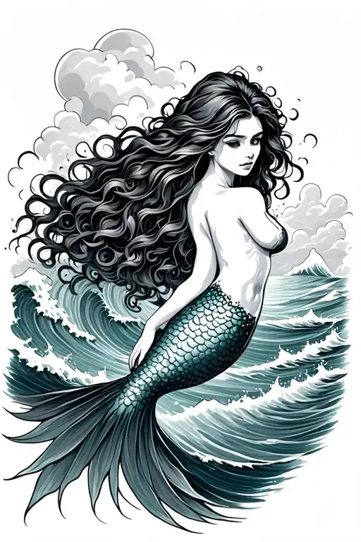 Open Ocean With Big Waves And Mermaid