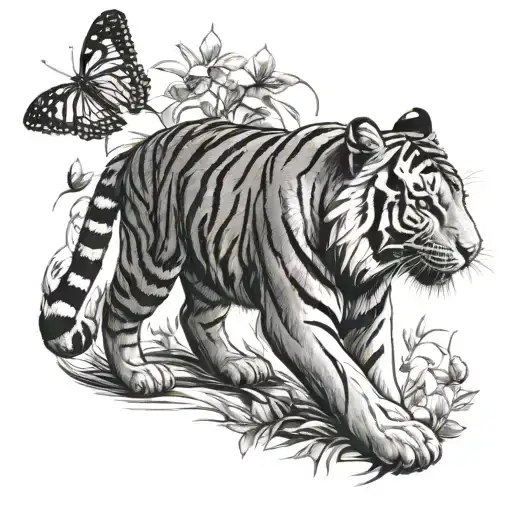 Tiger Standing Up Reaching For Butterfly Flying