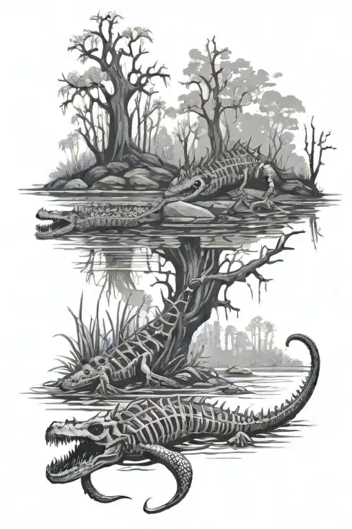 Crocodiles In A River With A Skeleton Crossing The River