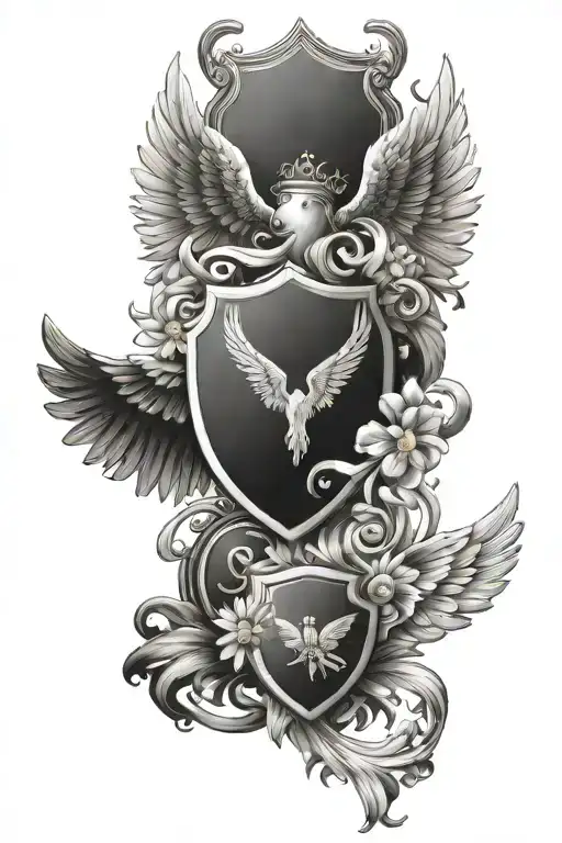A Family Crest Design Featuring A Shield With Dad Daisy And Angel Wings Mom Motifs
