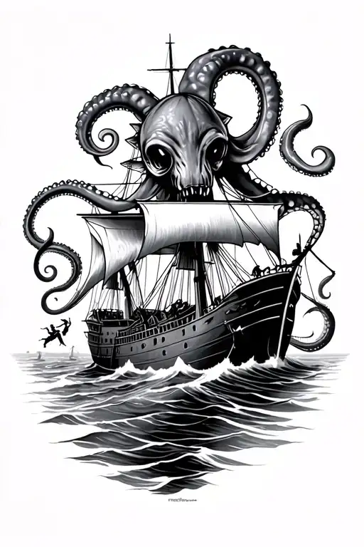 Kraken Tattoo Of A Squid Wrecking A Ship In Two With People Falling Off It Into The Dark Waters