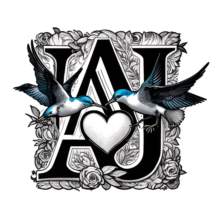 Letter A And Letter J Heart With Swallows