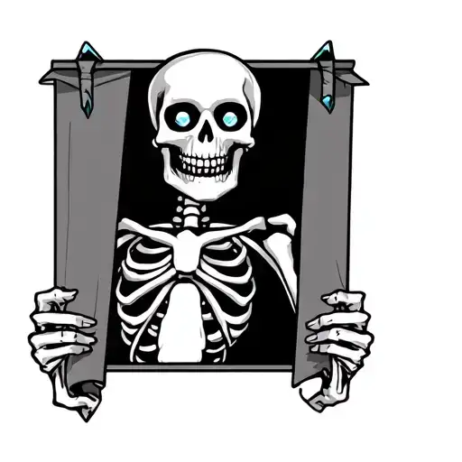 A Skeleton With Diamond Eyes Holding A Vertical Banner