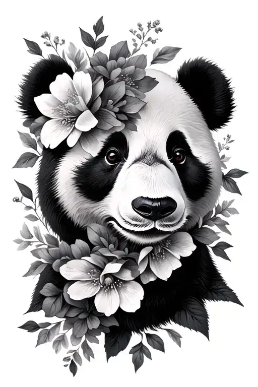 Panda Face Half Covered By Flowers