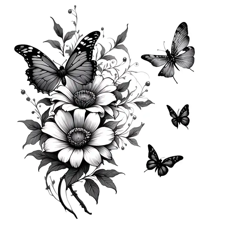 Flower With Butterfly And Dragonflies Flying