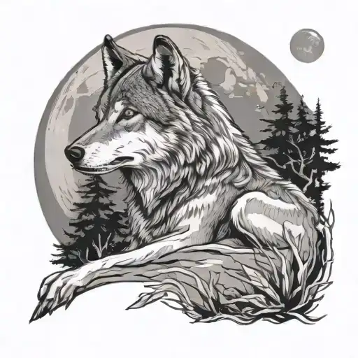 Beautiful Gray Wolf Sitting Alone In A Wooded Area In Front Of A Full Super Moon
