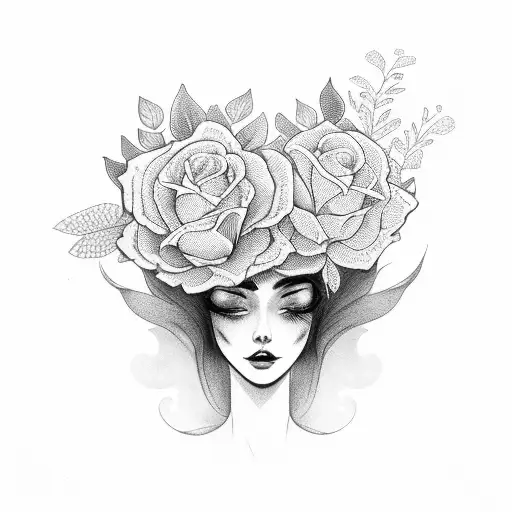 Traditional Lady Head With Bold Florals And Open Book