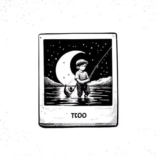 Outlinetattoo Of A Little Boy Fishing In A Polaroid Picture With A Border And A Crescent Moon