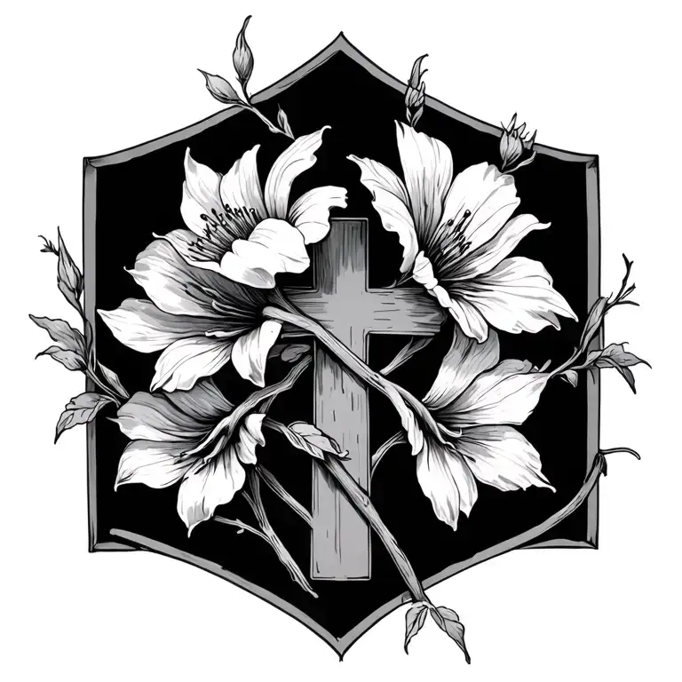 Sketch Cross And Flower Stems Entwined With Eachother