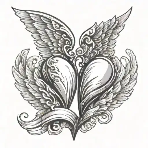 Two Hearts Interlocking With Angel Wing Lifting It Towards The Sky