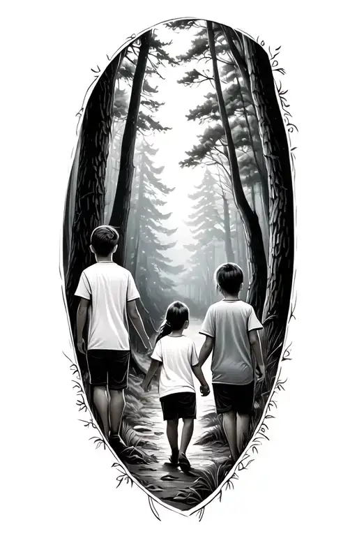 2 Sons And 1 Daughter Holding Hands Walking Through Dense Woods