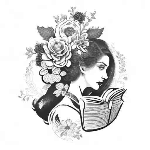 Vintage Floral Lady Profile Reading An Opened Book Surrounded By Bold Floral Frame