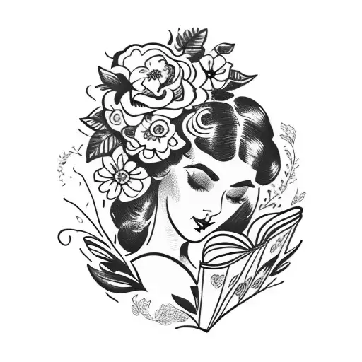 Vintage Floral Lady Profile Reading An Opened Book Surrounded By Bold Floral Frame